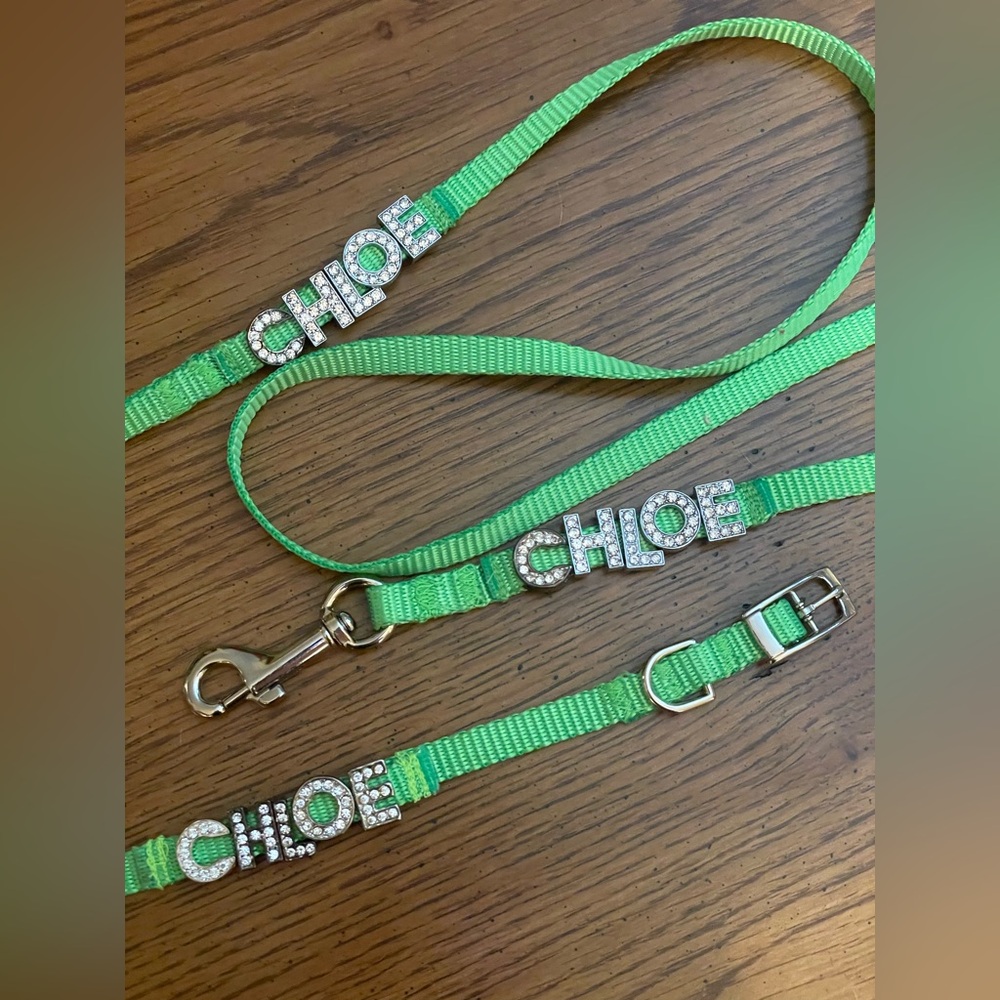 NWOT Rhinestone Dog Collar & 3ft Leash Personalized with CHLOE Bright Green